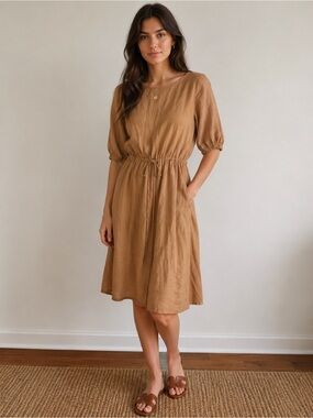 Stateside Linen 3/4 Sleeve Tie Waist Modest Minimalist Taupe Neutral Dress